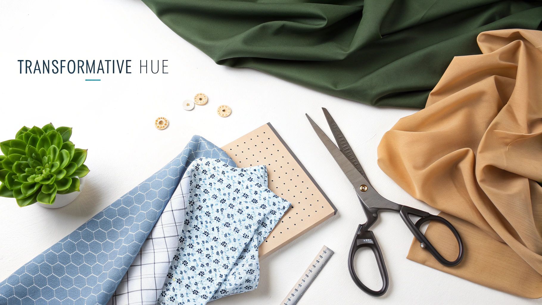 A flat lay of green, blue, and tan fabrics with sewing tools, buttons, and a succulent plant.