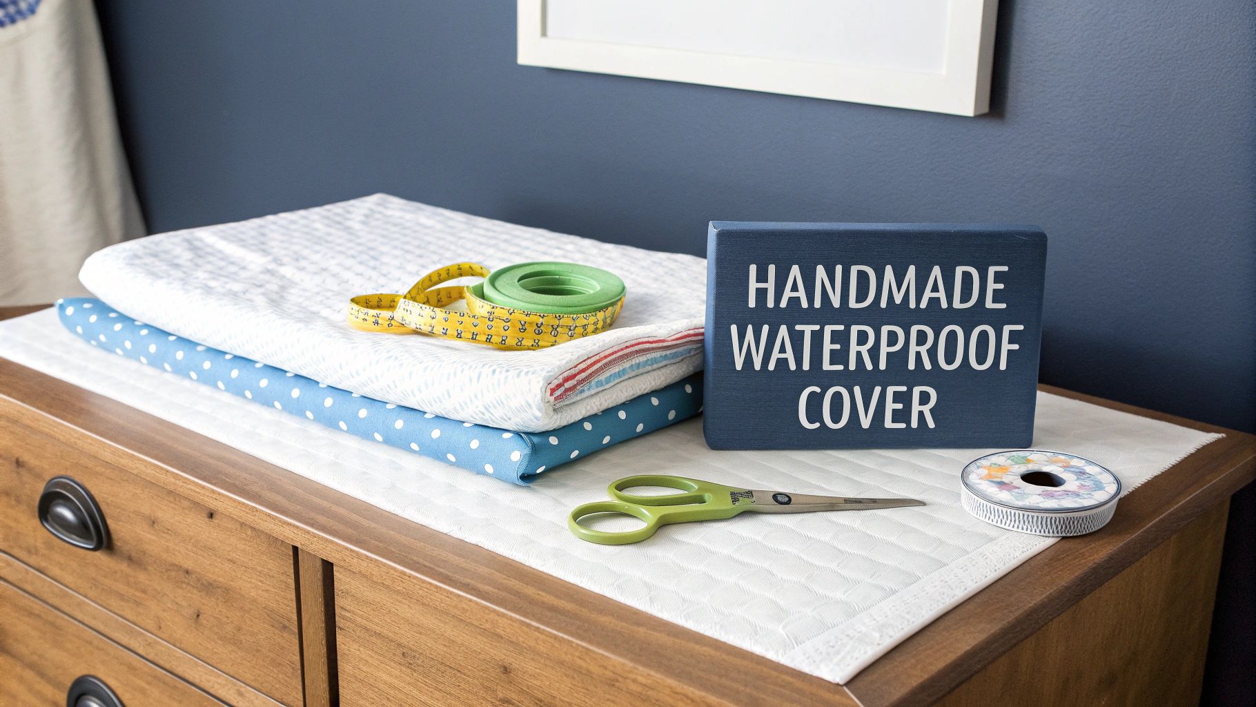 Fabrics, measuring tape, and scissors are ready for a DIY project on a wooden dresser, next to a 'Handmade Waterproof Cover' sign.