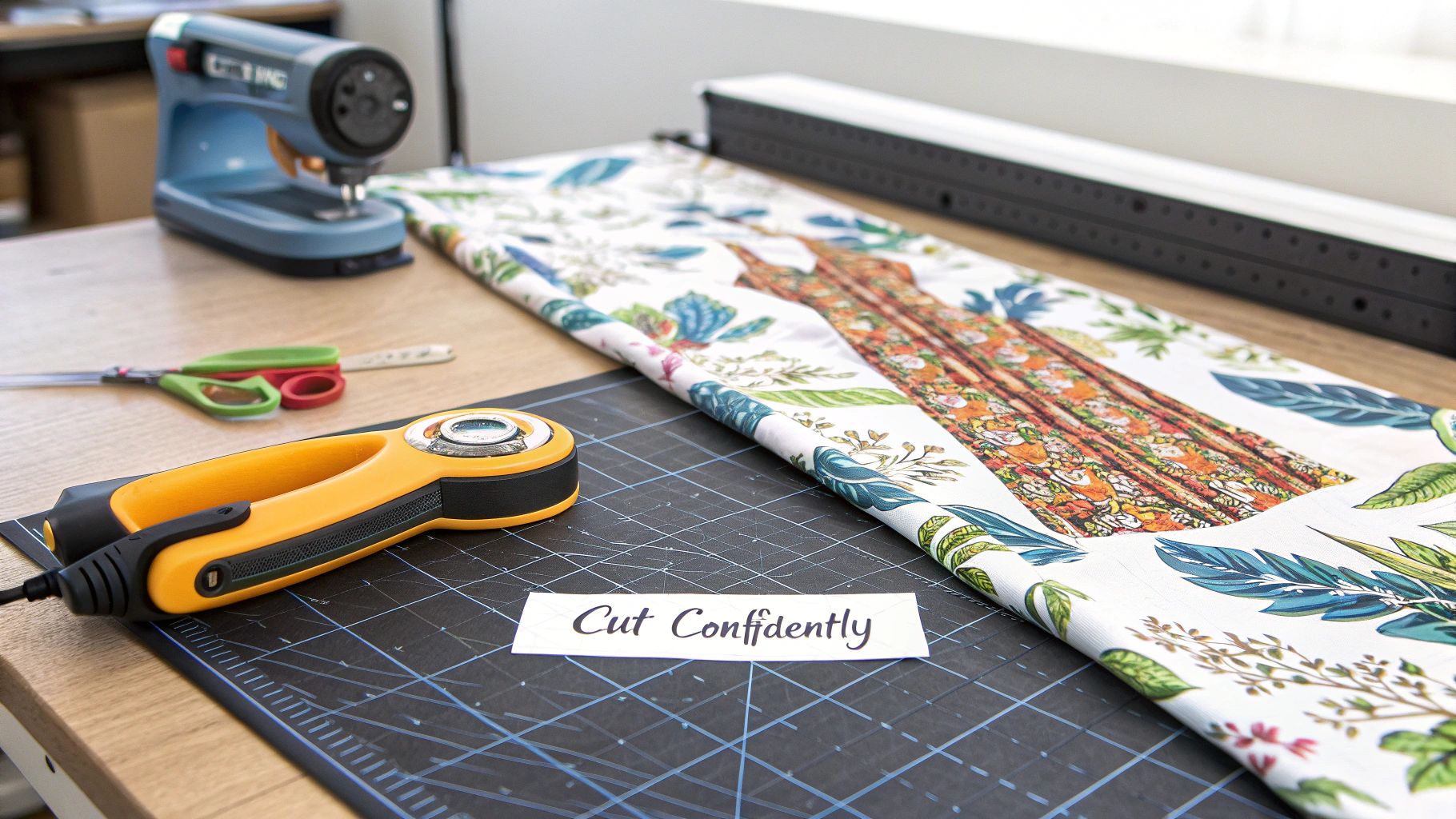 Close-up of a sewing workspace with a rotary cutter, scissors, and fabric featuring a maxi dress pattern on a cutting mat.