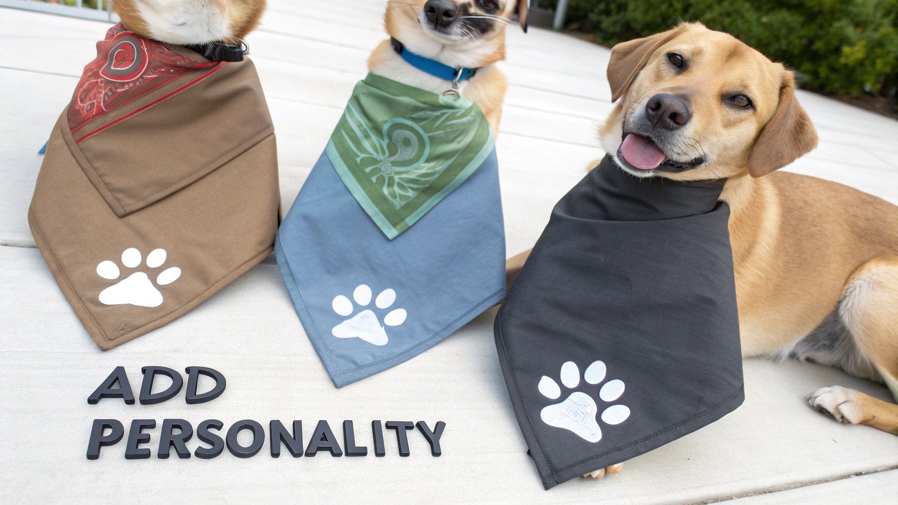 Three happy dogs showcasing colorful bandanas with paw print designs and text 'ADD PERSONALITY'.