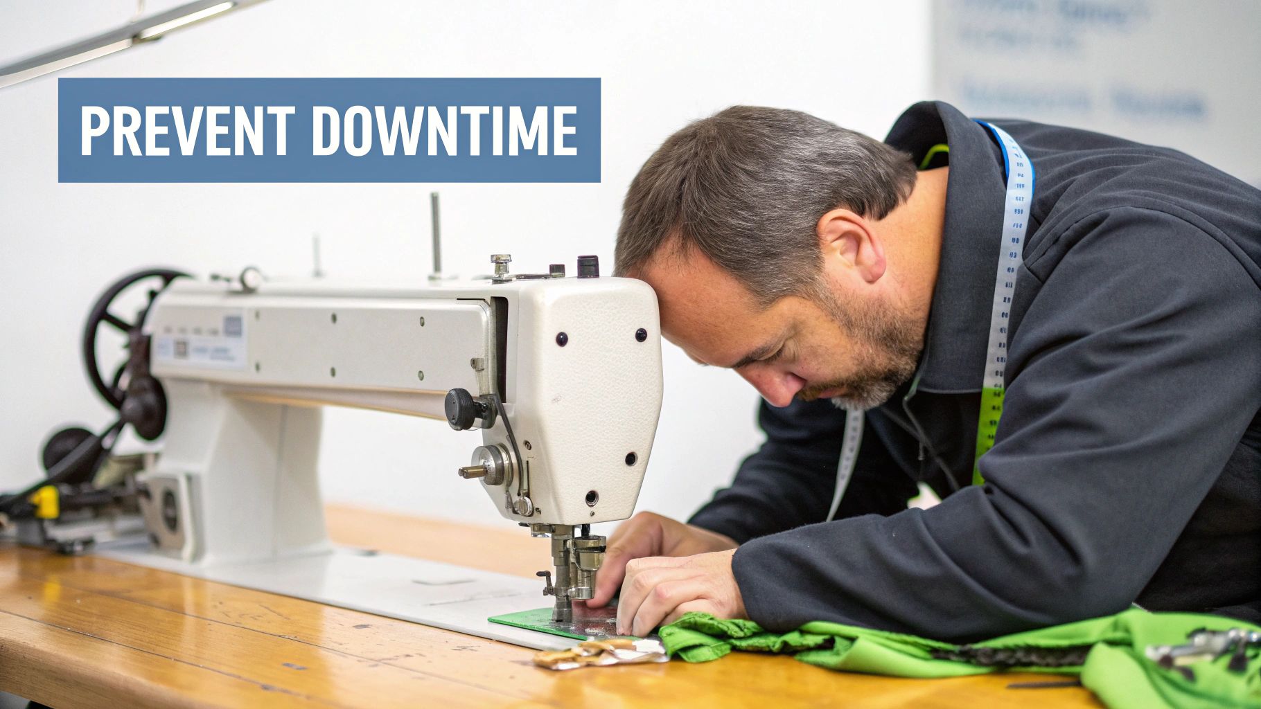 A focused man works on an industrial sewing machine, performing maintenance to prevent manufacturing downtime.