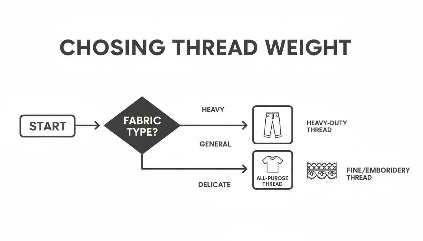 Flowchart guiding thread weight selection for sewing projects based on heavy, general, and delicate fabric types.