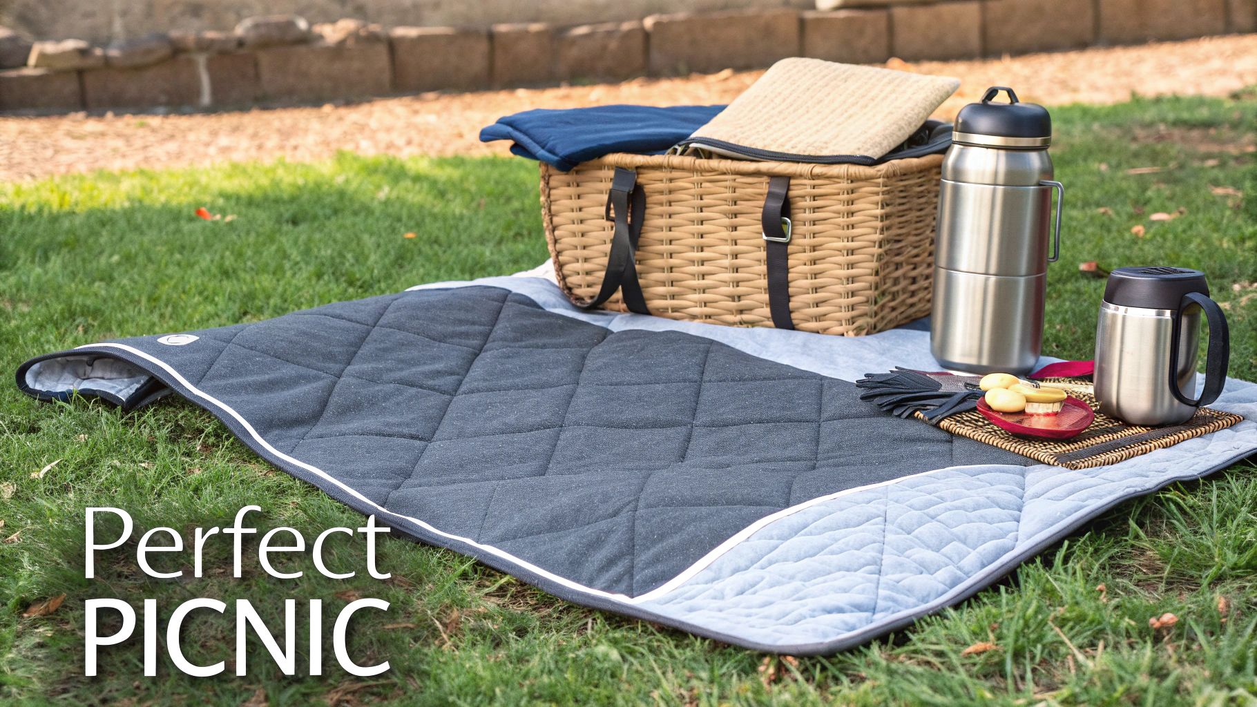A quilted picnic blanket with a wicker basket, thermoses, and snacks on green grass.