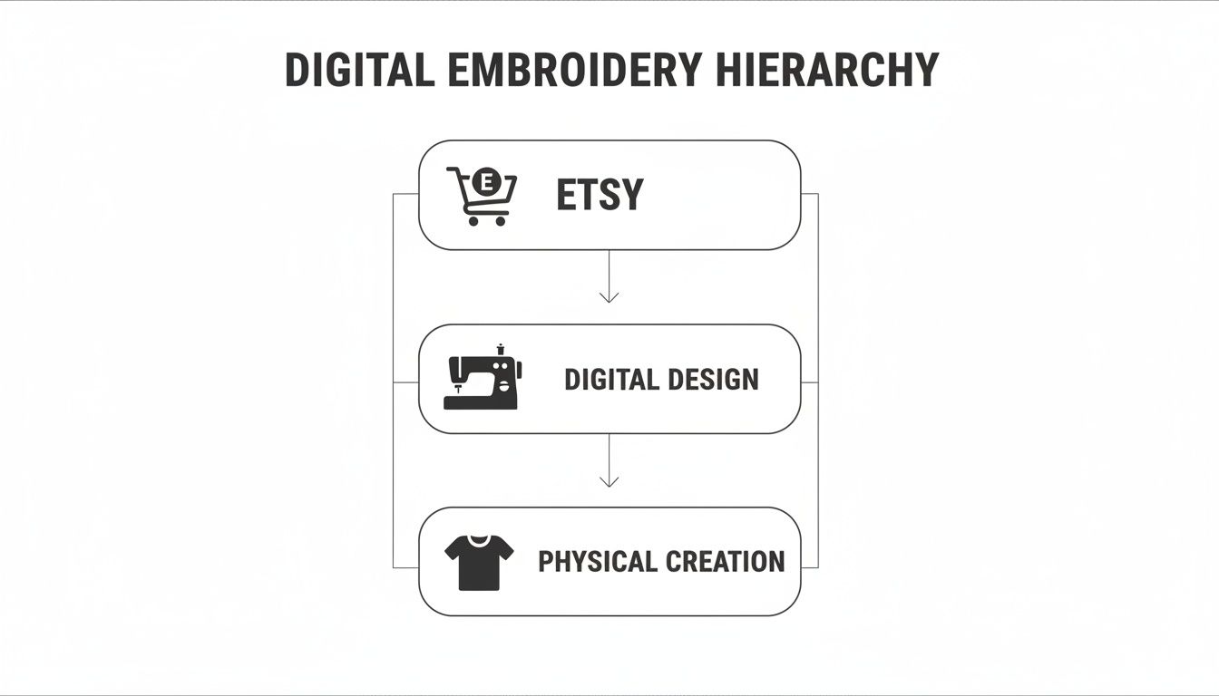 Flowchart illustrating the digital embroidery hierarchy, from Etsy sales to digital design and physical creation.