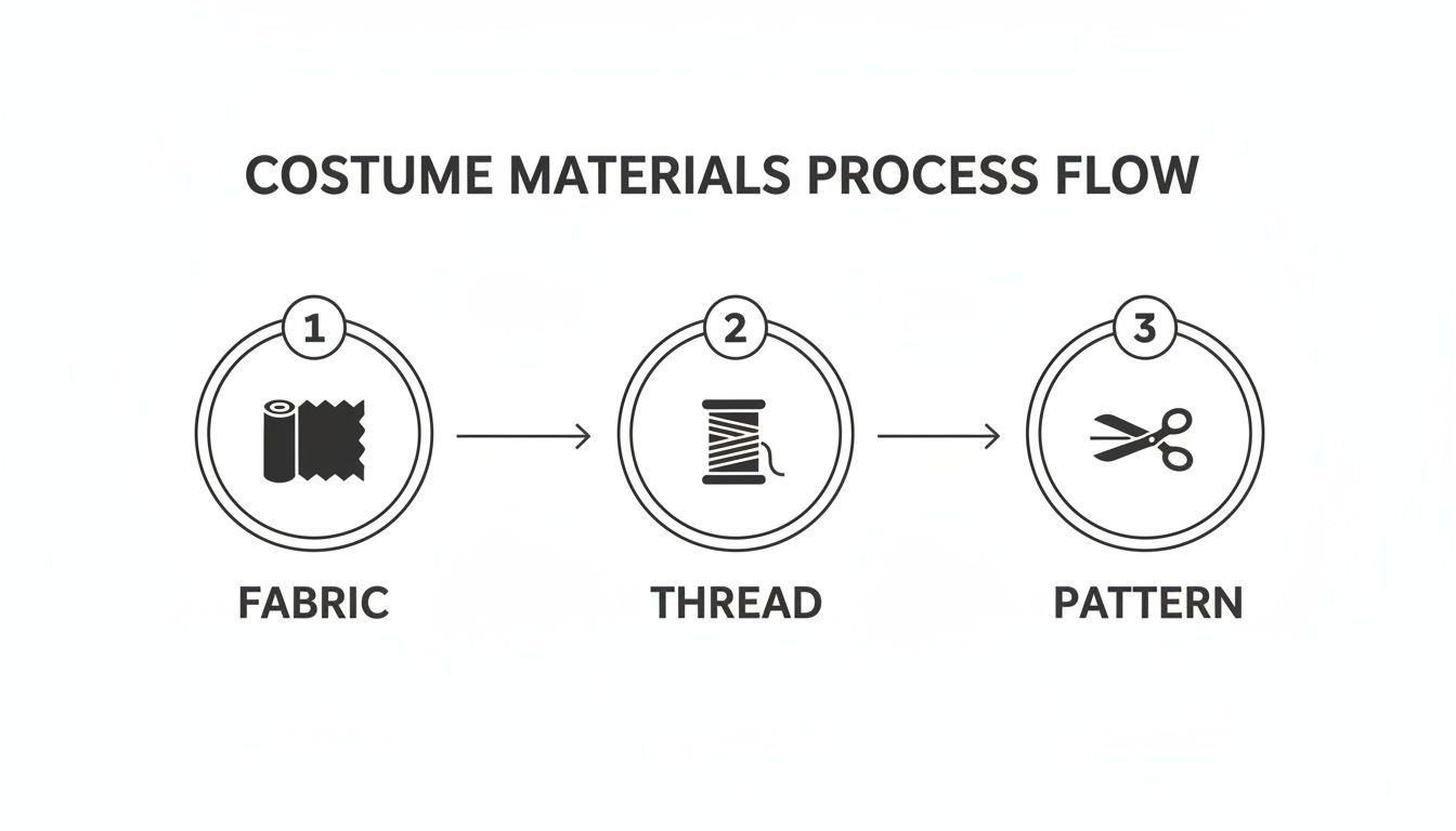 A simple process flow diagram showing costume materials: fabric, thread, and pattern cutting steps.
