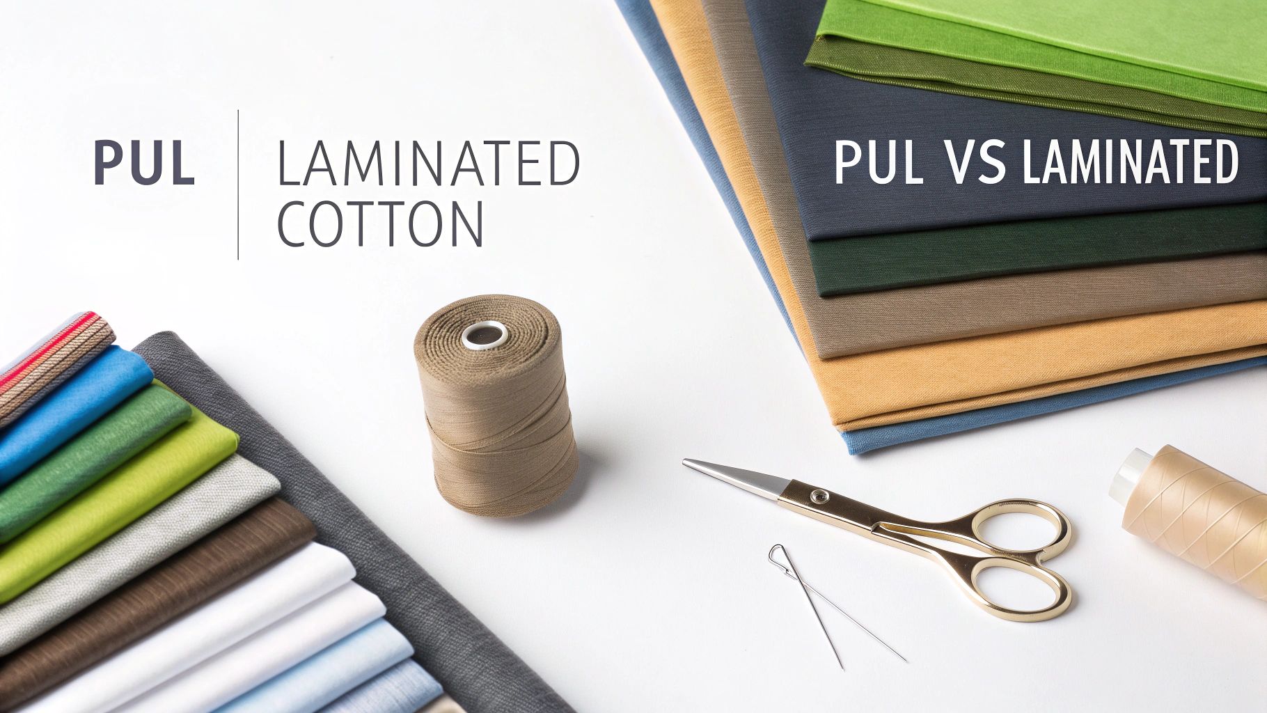 Various fabric swatches, thread, and sewing tools for a PUL vs laminated cotton comparison.