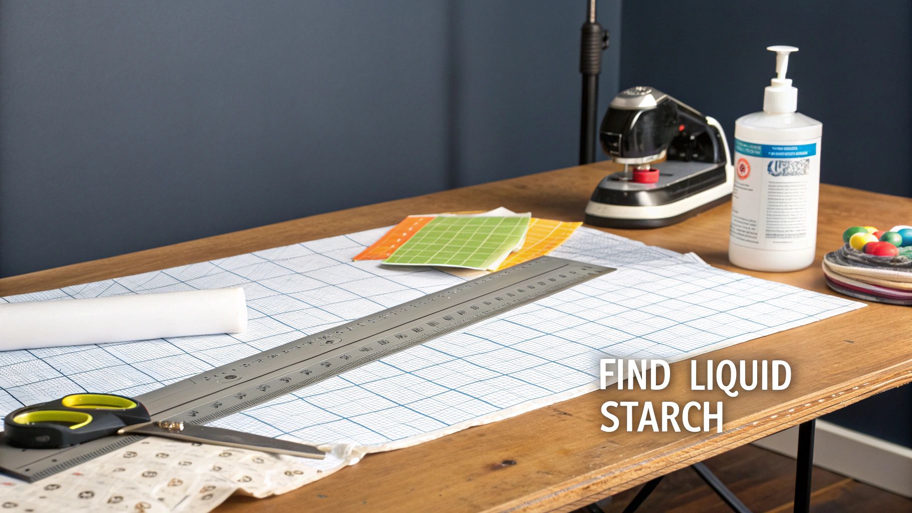 A crafting table with various supplies, including a white bottle of liquid starch, ruler, and scissors.