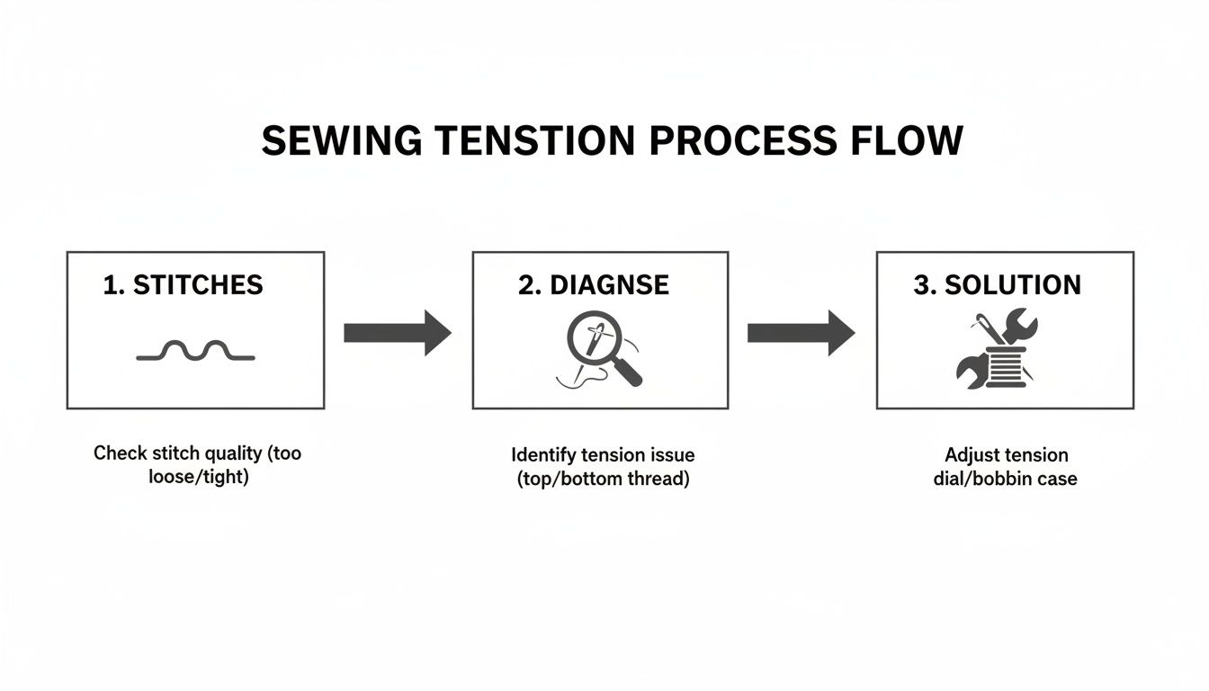 Flowchart illustrating the process of checking, diagnosing, and solving sewing machine tension problems.