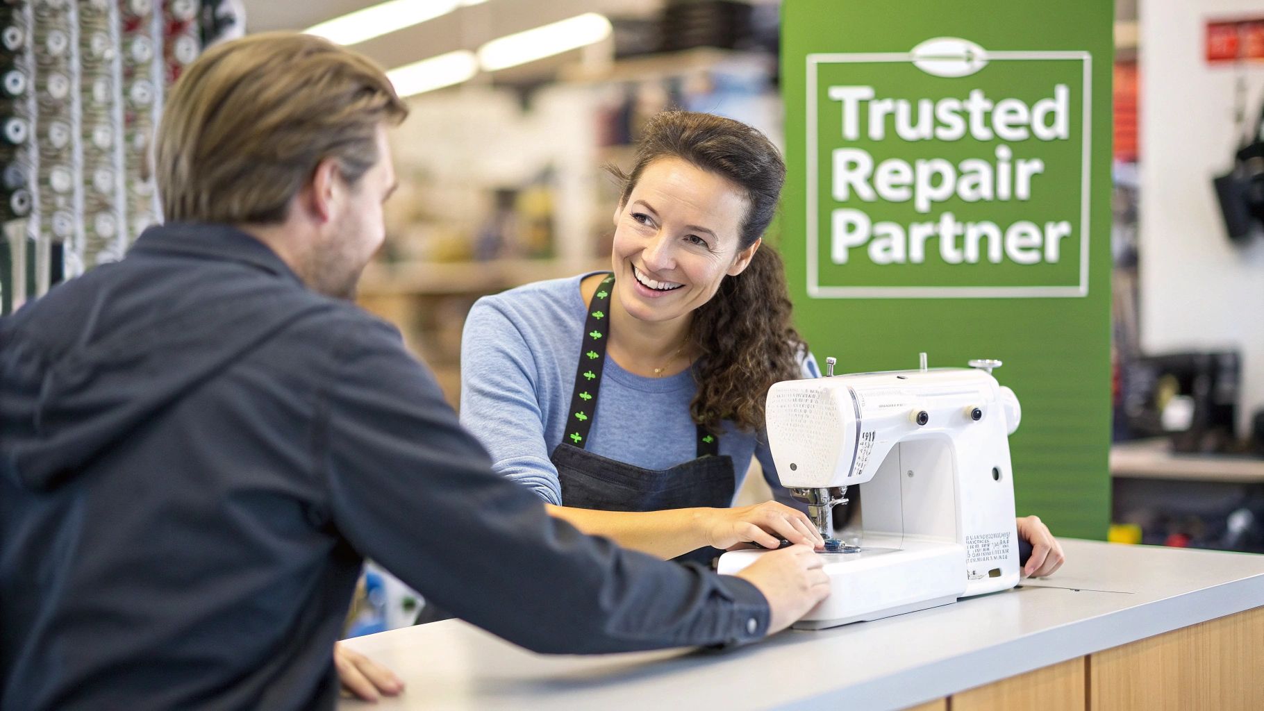 A smiling female repair technician in an apron talking to a male customer about a sewing machine.