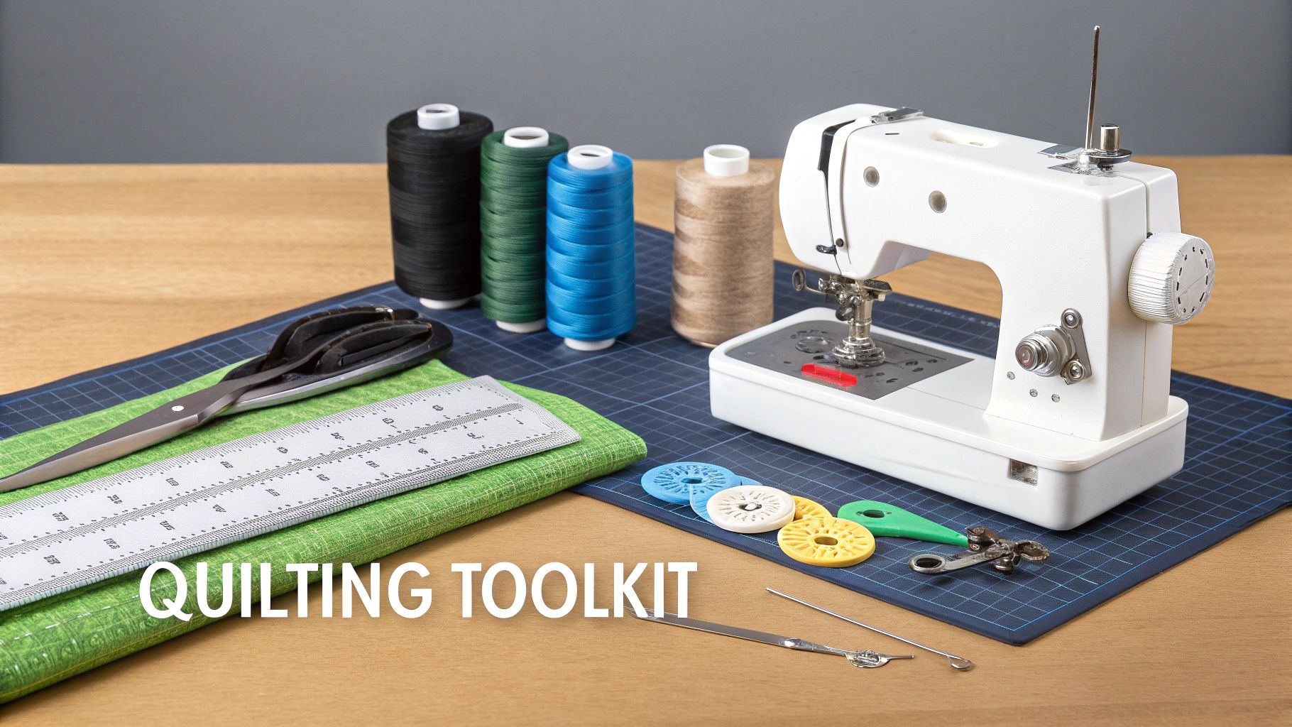 A complete quilting toolkit laid out on a wooden table, featuring a sewing machine, threads, scissors, and rulers.