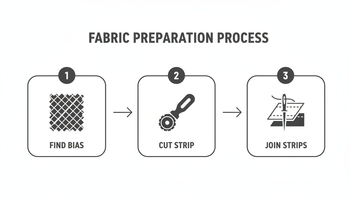 Visual guide showing three steps for fabric preparation: finding bias, cutting strips, and joining them.