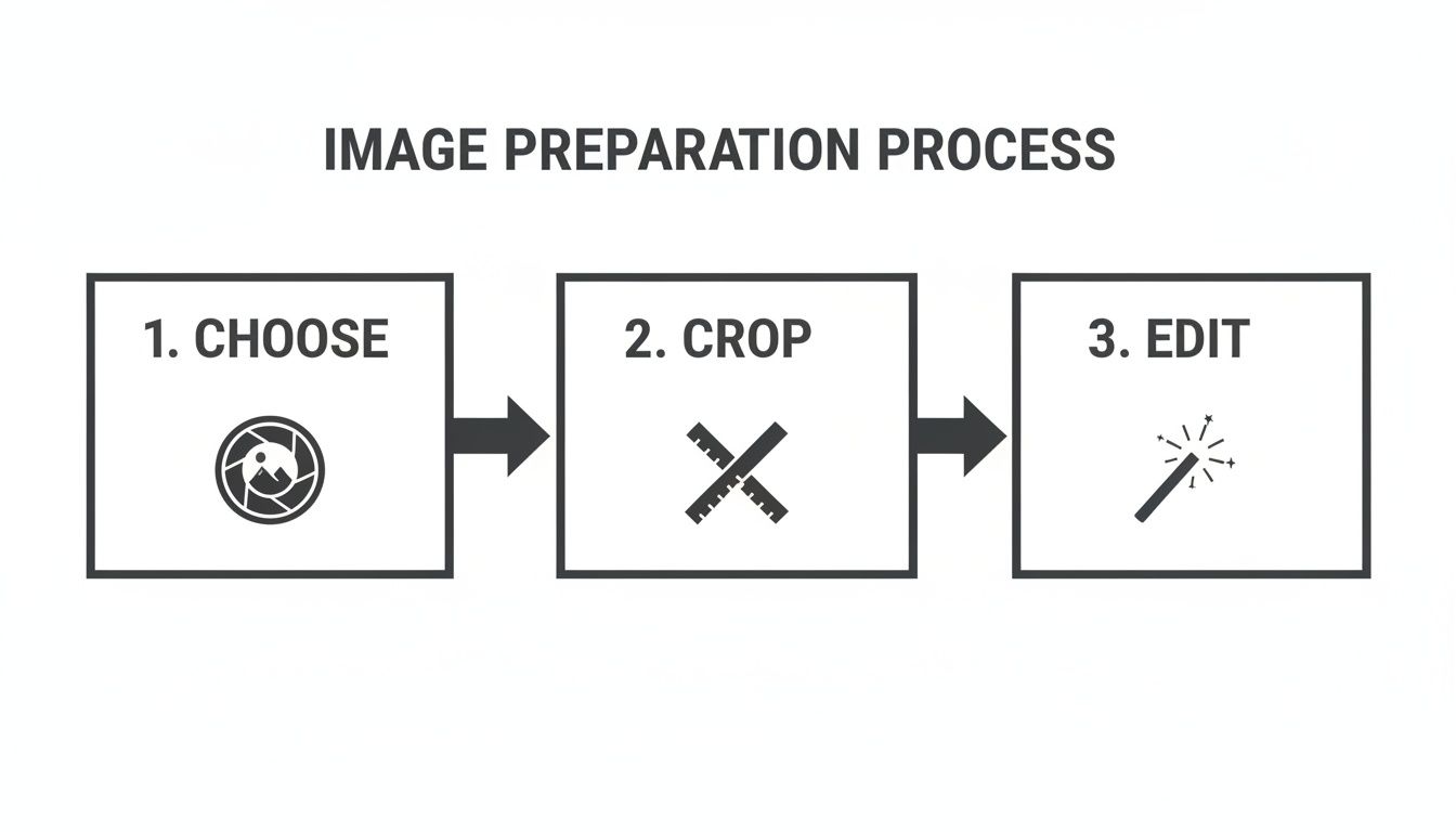 A flowchart outlining the three steps of the image preparation process: Choose, Crop, and Edit.