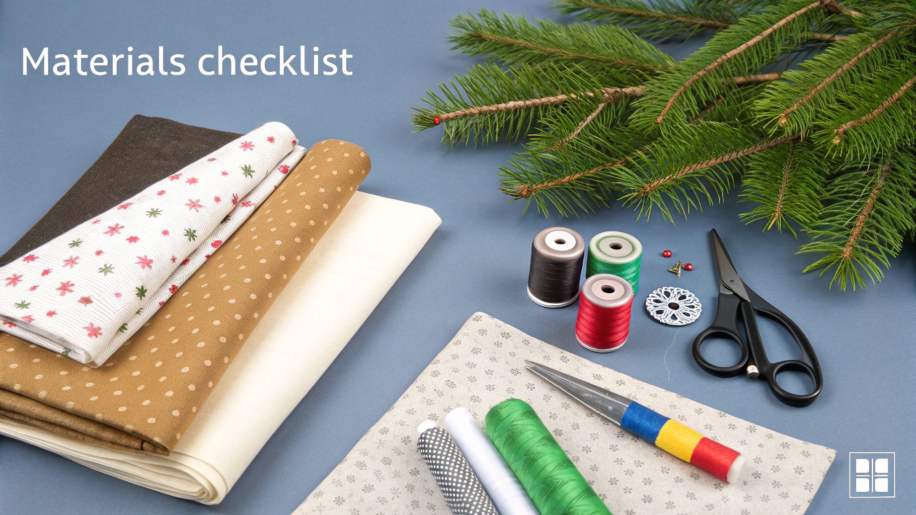 A collection of sewing materials for a Christmas craft project, including fabrics, threads, scissors, and pine branches.
