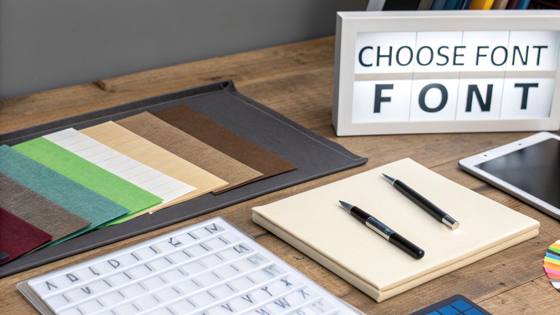 A creative workspace with a light box showing 'CHOOSE FONT', material swatches, pens, and letter tiles.