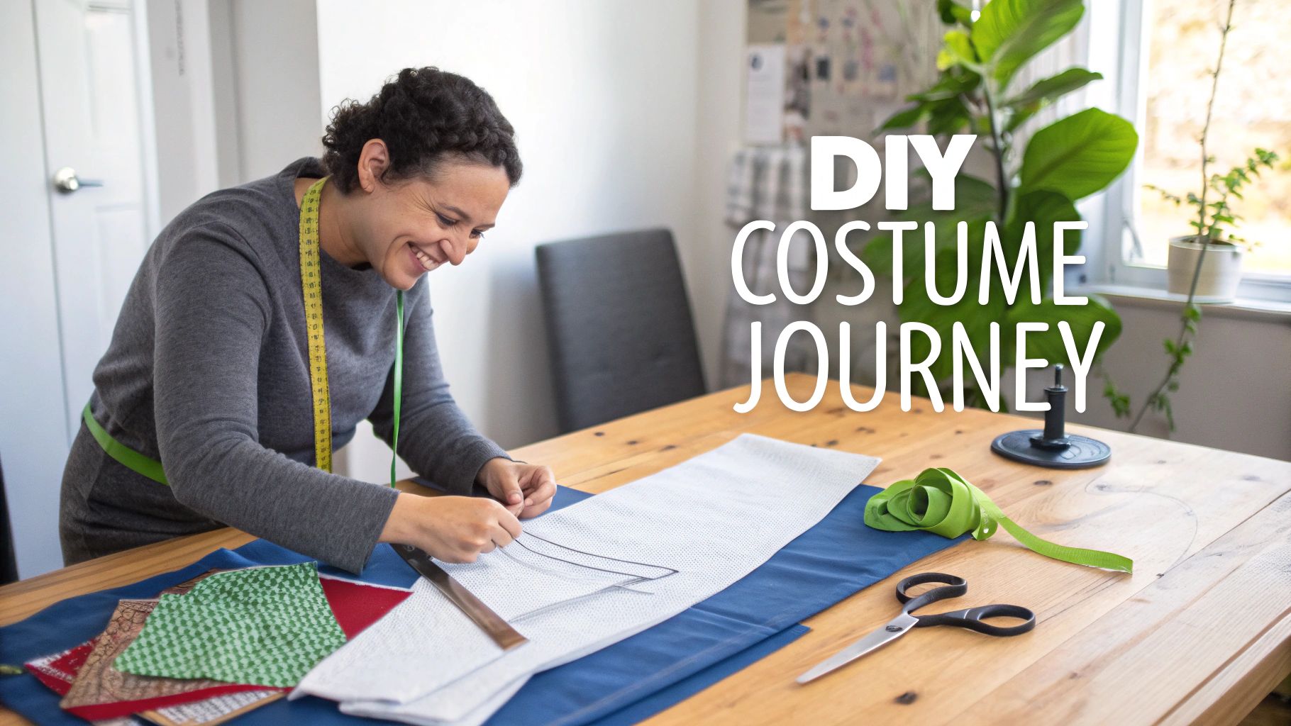 A smiling woman with a measuring tape designs a DIY costume at a wooden table, surrounded by fabrics and tools.
