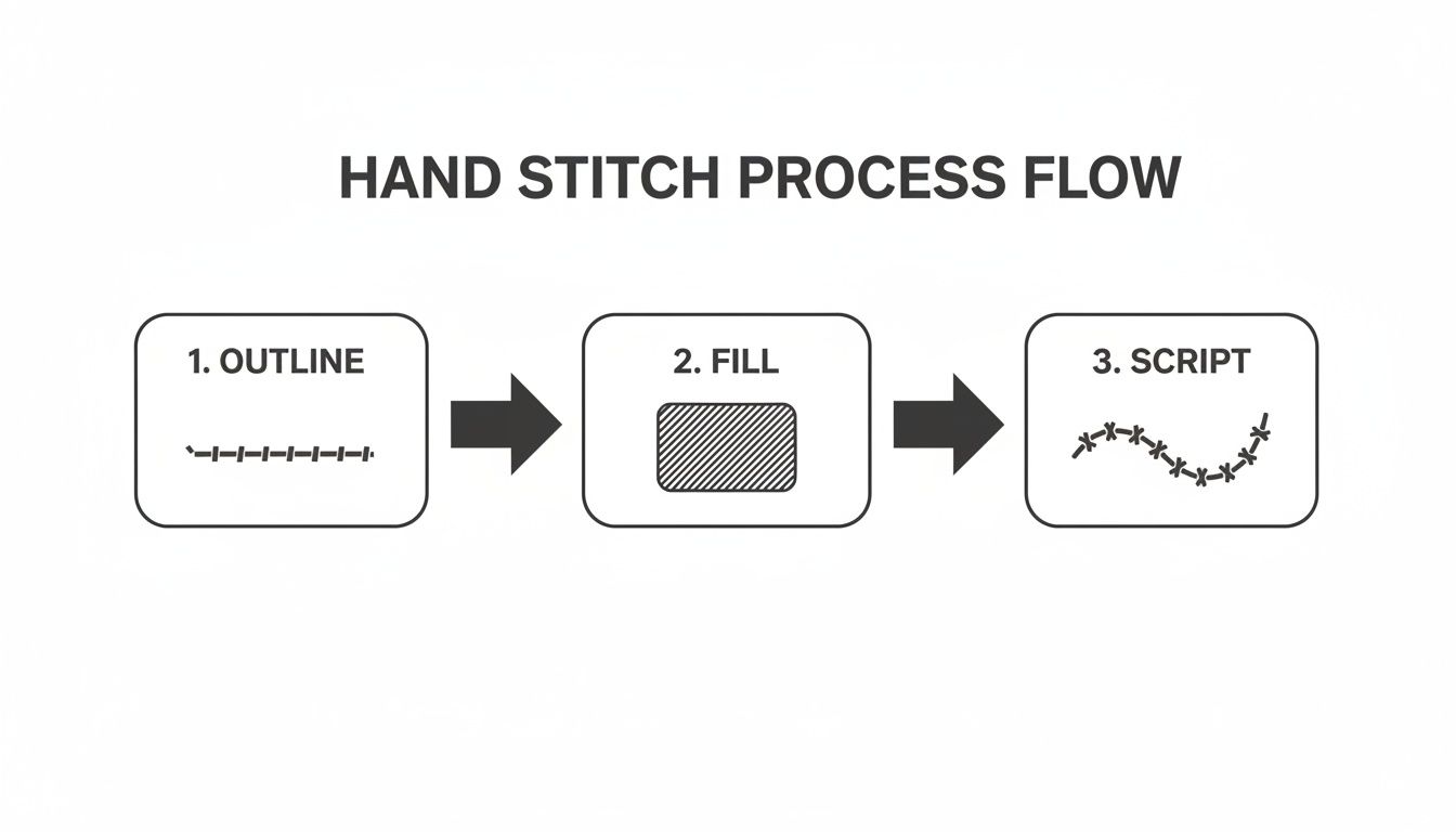 A three-step process flow diagram for hand stitching: outline, fill, and script embroidery techniques.