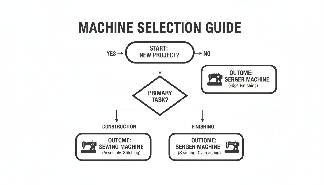 Flowchart guiding selection between sewing and serger machines based on project type and task.