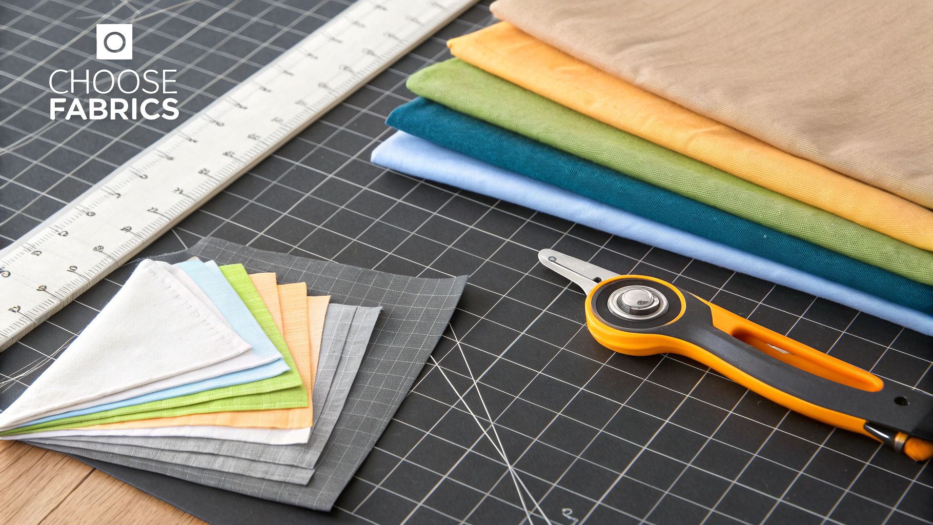 Assorted fabric samples and bolts with a ruler and rotary cutter on a black grid mat.