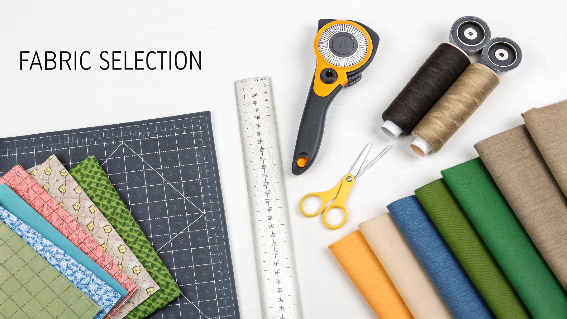 Assortment of colorful quilting fabrics, rotary cutter, ruler, and sewing supplies on a white background.