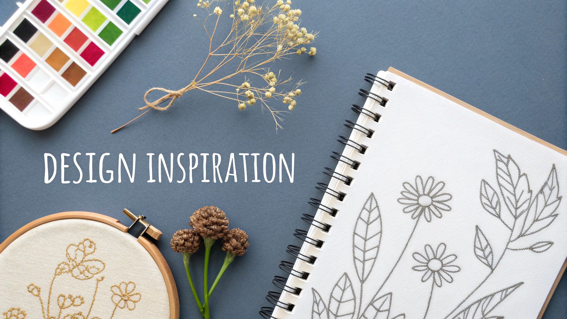 A flat lay shows a watercolor palette, dried flowers, and sketches, with 'DESIGN INSPIRATION' text.