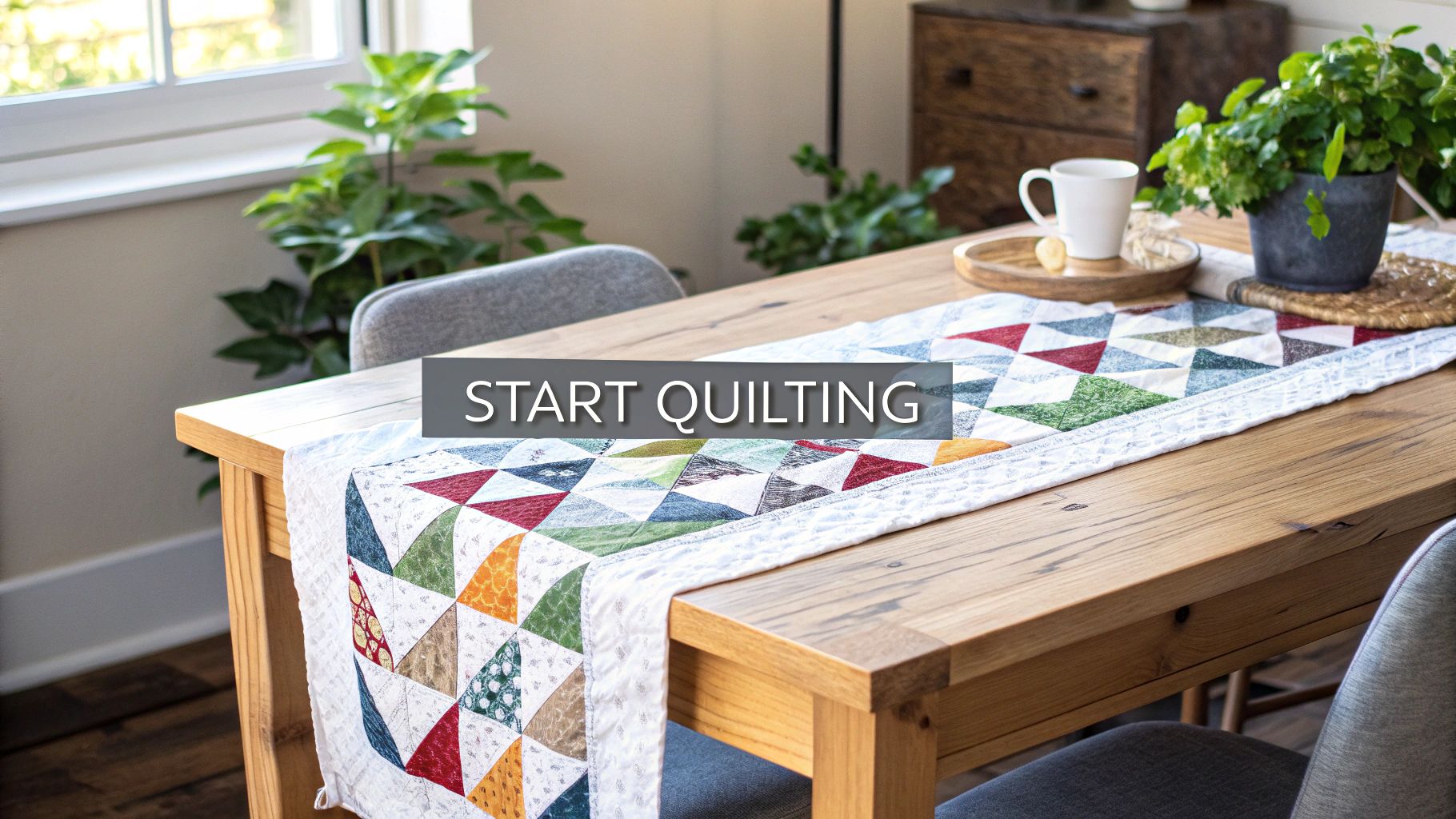 A wooden table featuring a vibrant quilted table runner, a potted plant, and a white cup, with 'START QUILTING' text overlay.