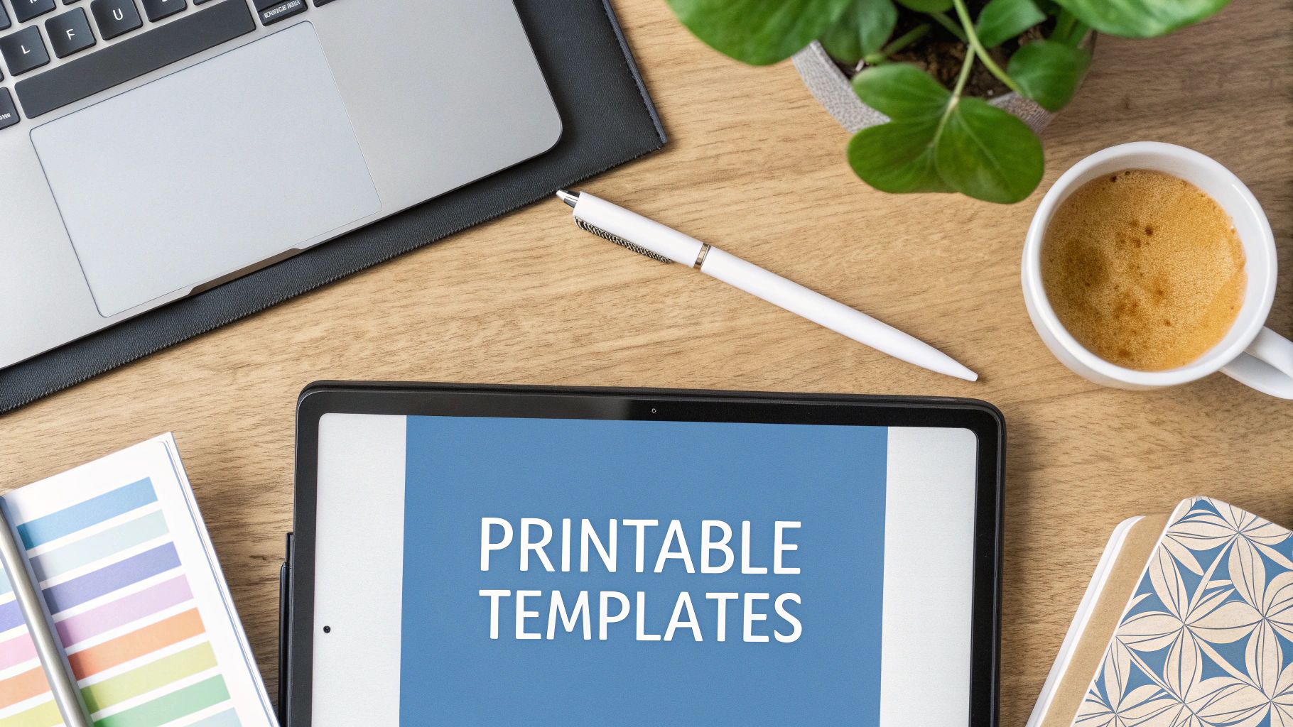 Overhead view of a modern wooden desk with a tablet displaying 'PRINTABLE TEMPLATES', laptop, coffee, and plant.