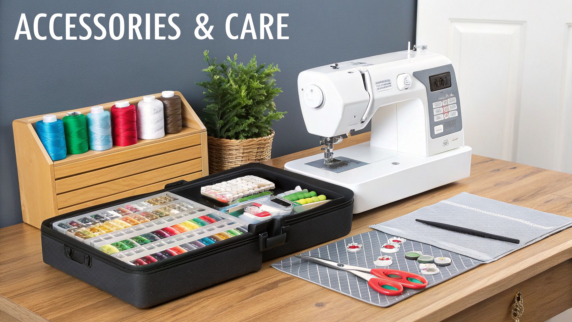 A sewing machine and various sewing accessories, including threads and a kit, on a wooden table.