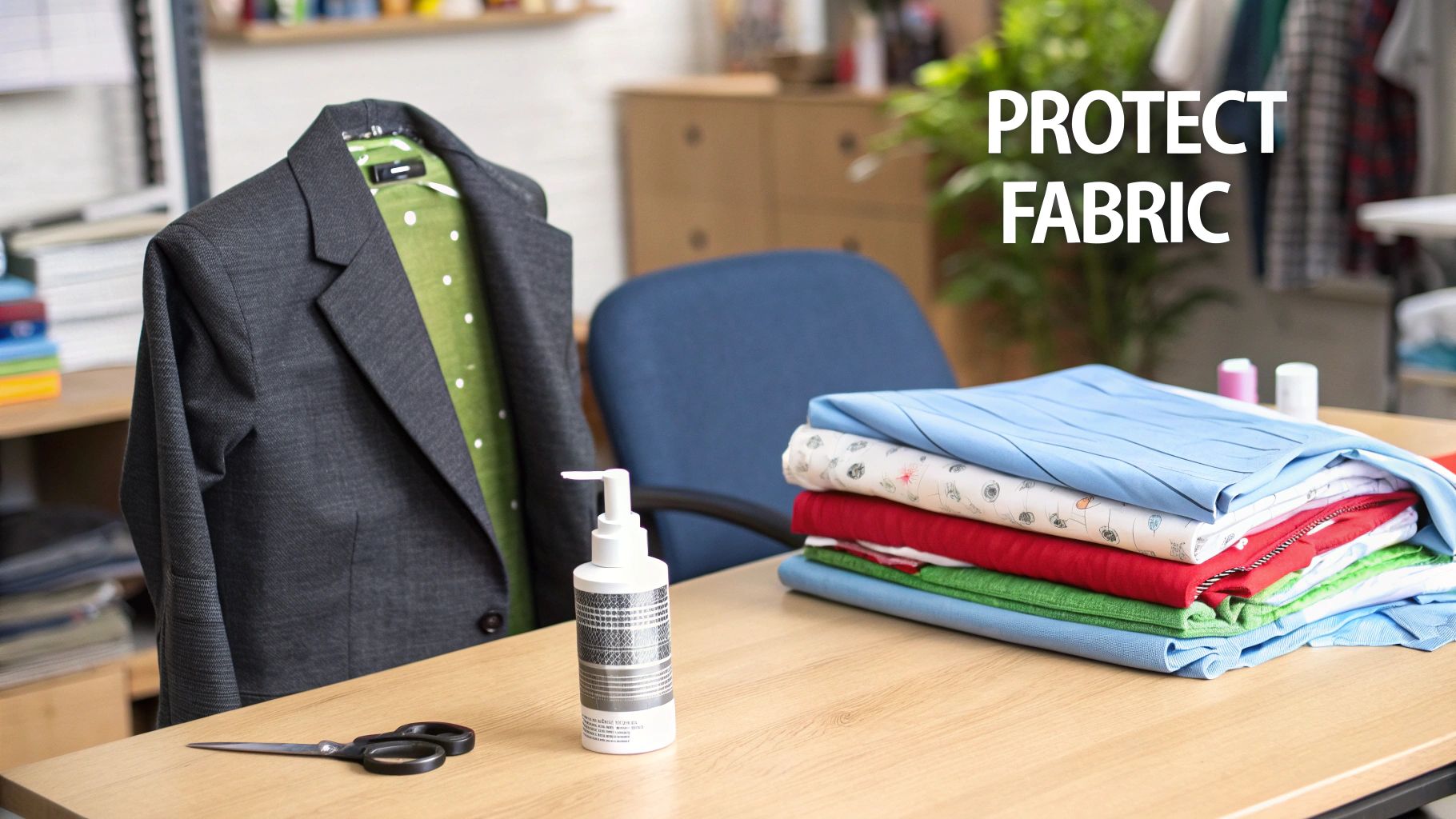 A tailor's workspace with a jacket on a mannequin, colorful stacked fabrics, scissors, and a protective spray bottle.