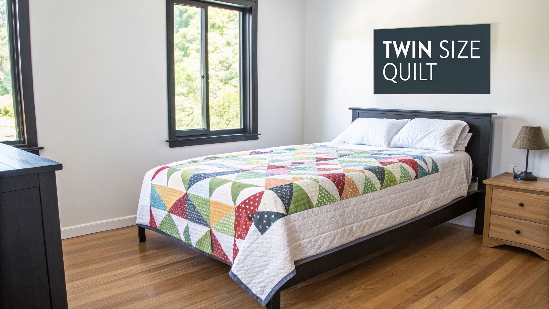 A neatly made twin size bed with a vibrant, geometric patchwork quilt in a bright bedroom.