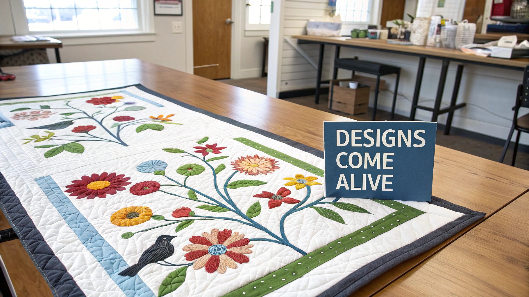 Intricate floral and bird appliqué quilt displayed on a wooden table with a 'Designs Come Alive' sign.