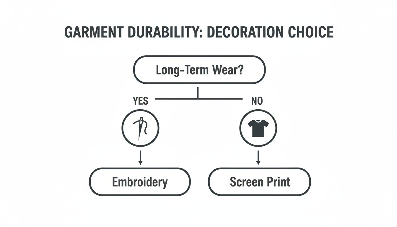 A flowchart comparing garment decoration choices: Embroidery for long-term wear and Screen Print for short-term wear.