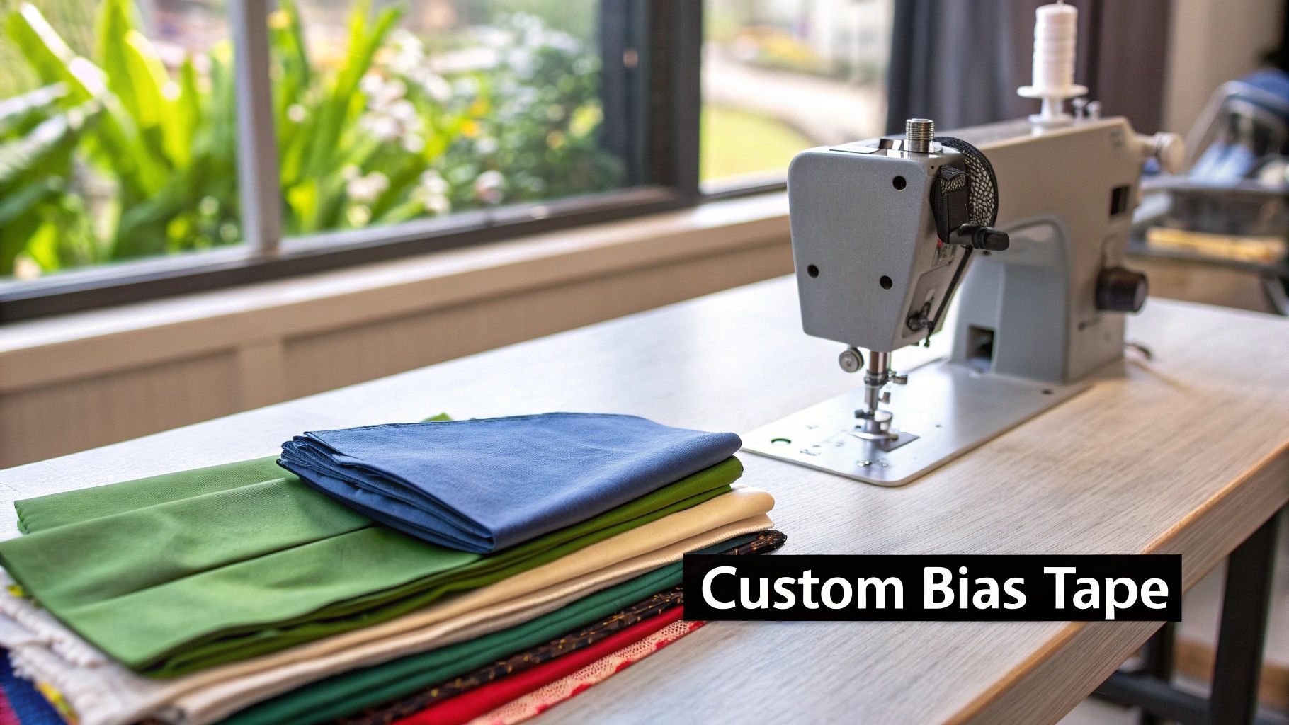 A sewing machine and a stack of colorful fabrics are ready for making custom bias tape.