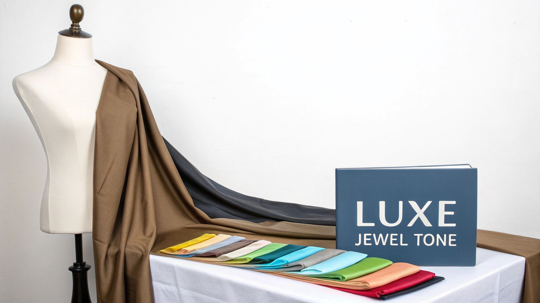 A mannequin displays brown fabric next to a 'Luxe Jewel Tone' book and colorful fabric swatches.