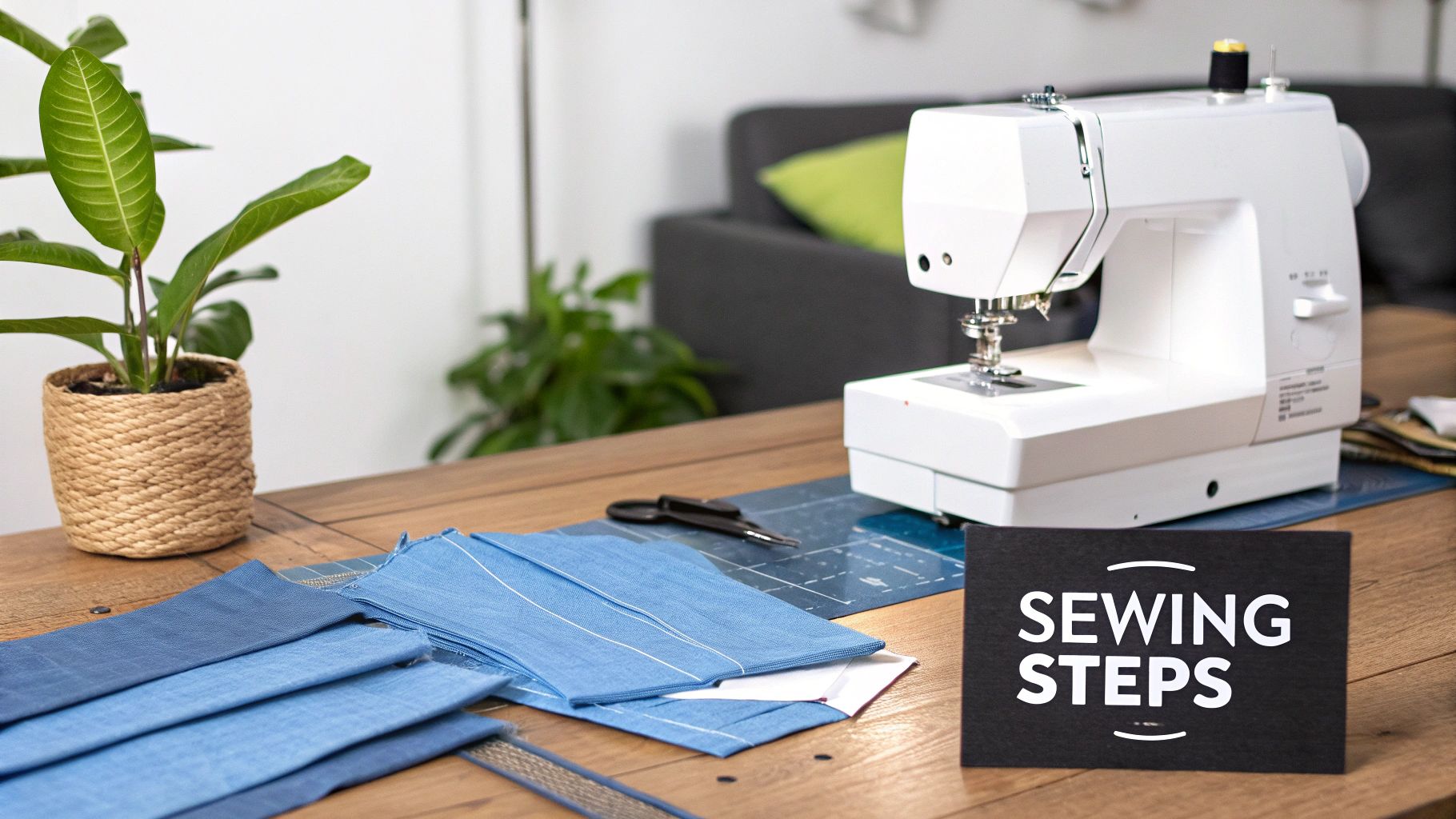 A well-lit crafting station with a white sewing machine, blue fabric, and a 'Sewing Steps' sign on a wooden table.