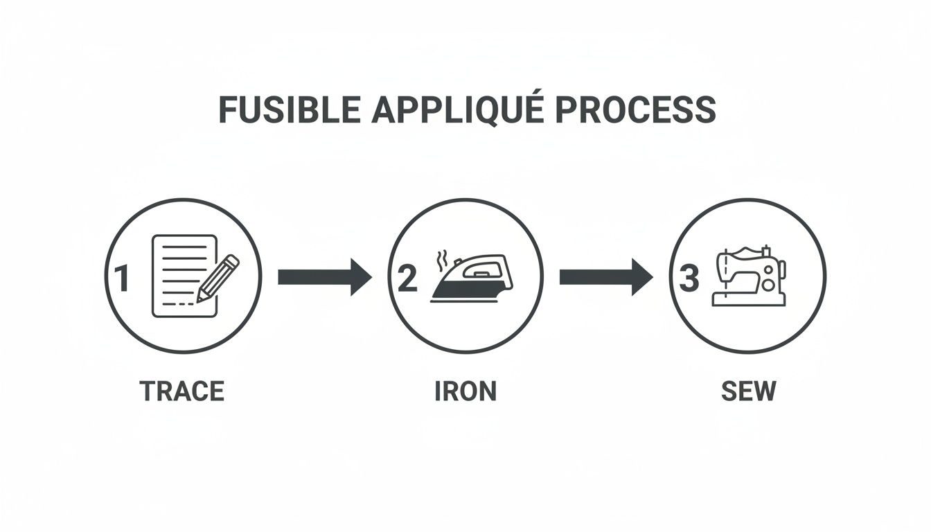 A three-step diagram illustrating the fusible appliqué process: trace, iron, and sew, with icons.