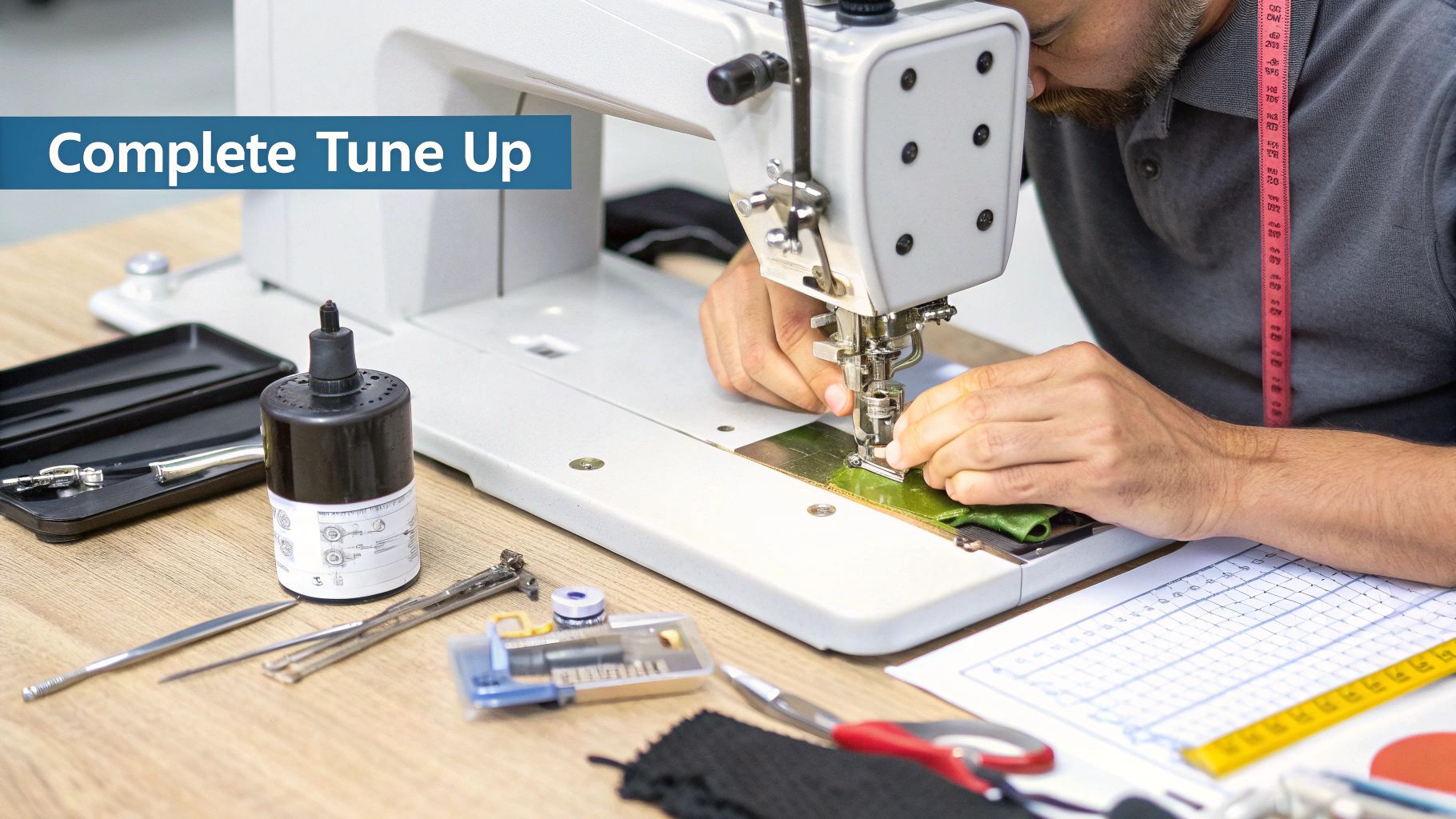 A person works on a sewing machine, performing a complete tune-up with various tools on a wooden desk.