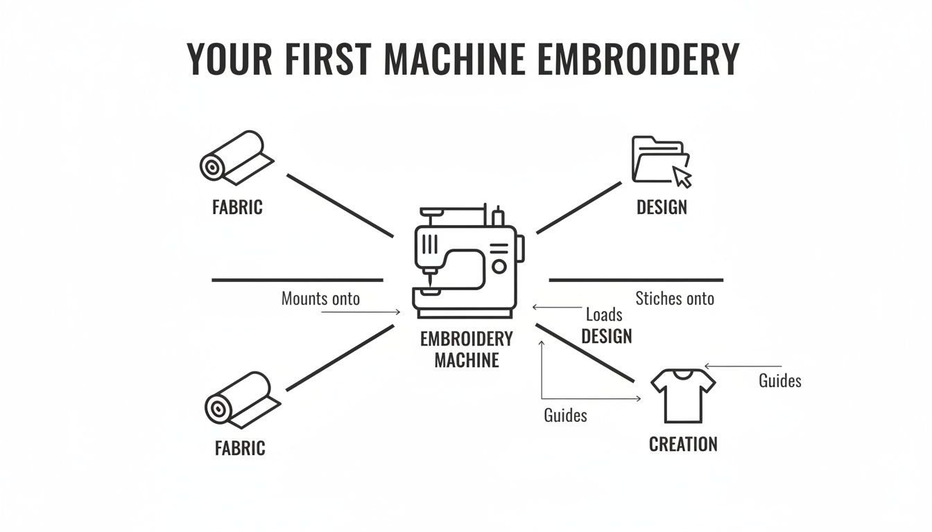 Diagram illustrating the components and steps involved in your first machine embroidery project.