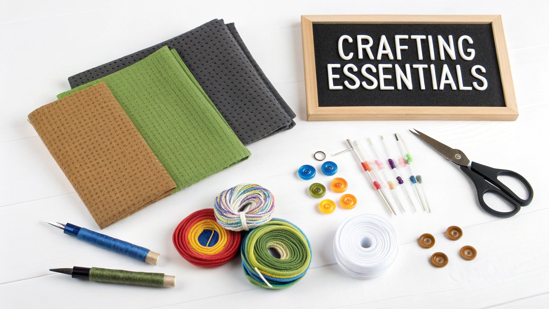 A flat lay of crafting essentials, including fabric swatches, ribbons, buttons, scissors, and tools.