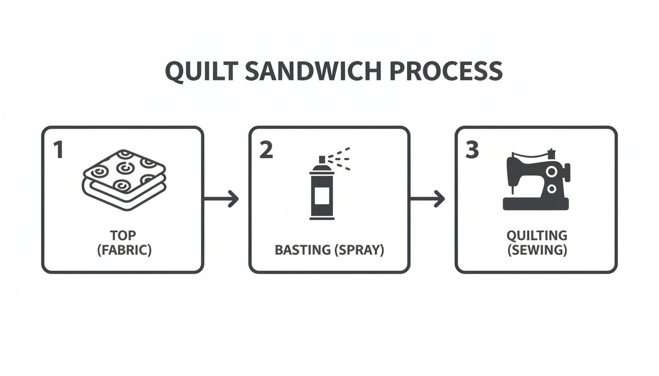 A three-step diagram illustrating the quilt sandwich process: top fabric, spray basting, and machine quilting.