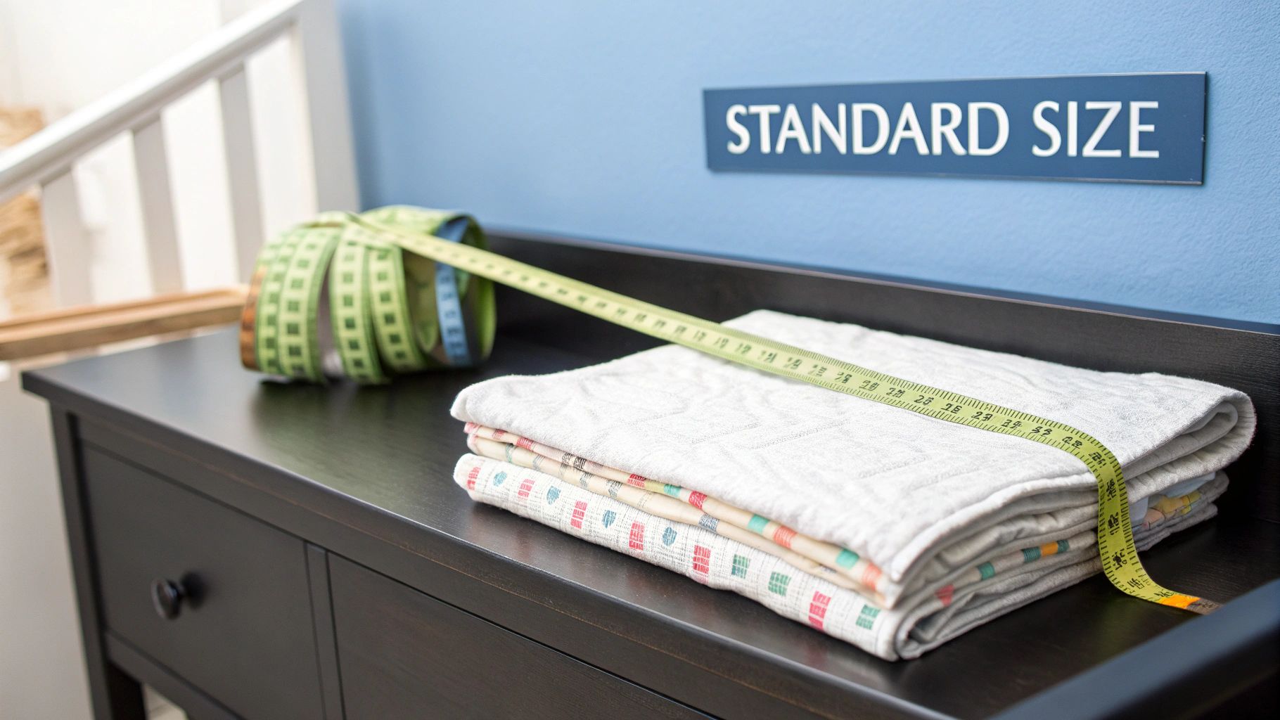 A green measuring tape draped over folded blankets on a dark dresser, with a "STANDARD SIZE" sign on a blue wall.