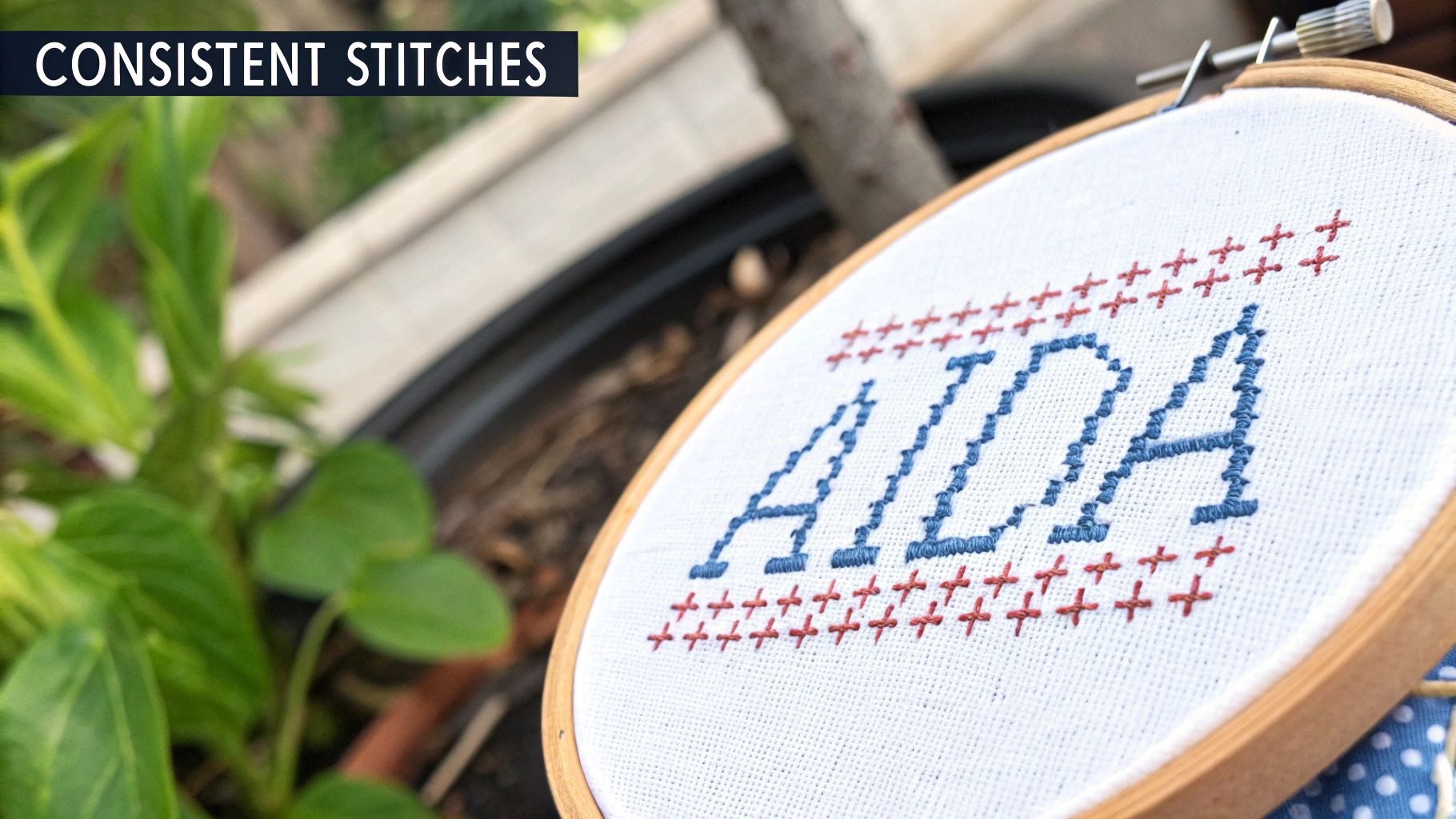 A cross-stitch embroidery hoop displaying 'AIDA' in blue, framed by red stitches, with a banner 'CONSISTENT STITCHES'.
