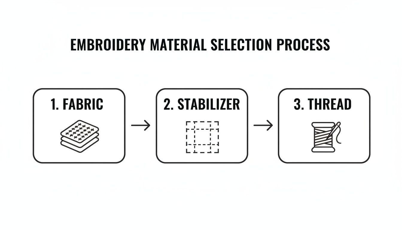 Flowchart showing the embroidery material selection process: fabric, stabilizer, and thread.