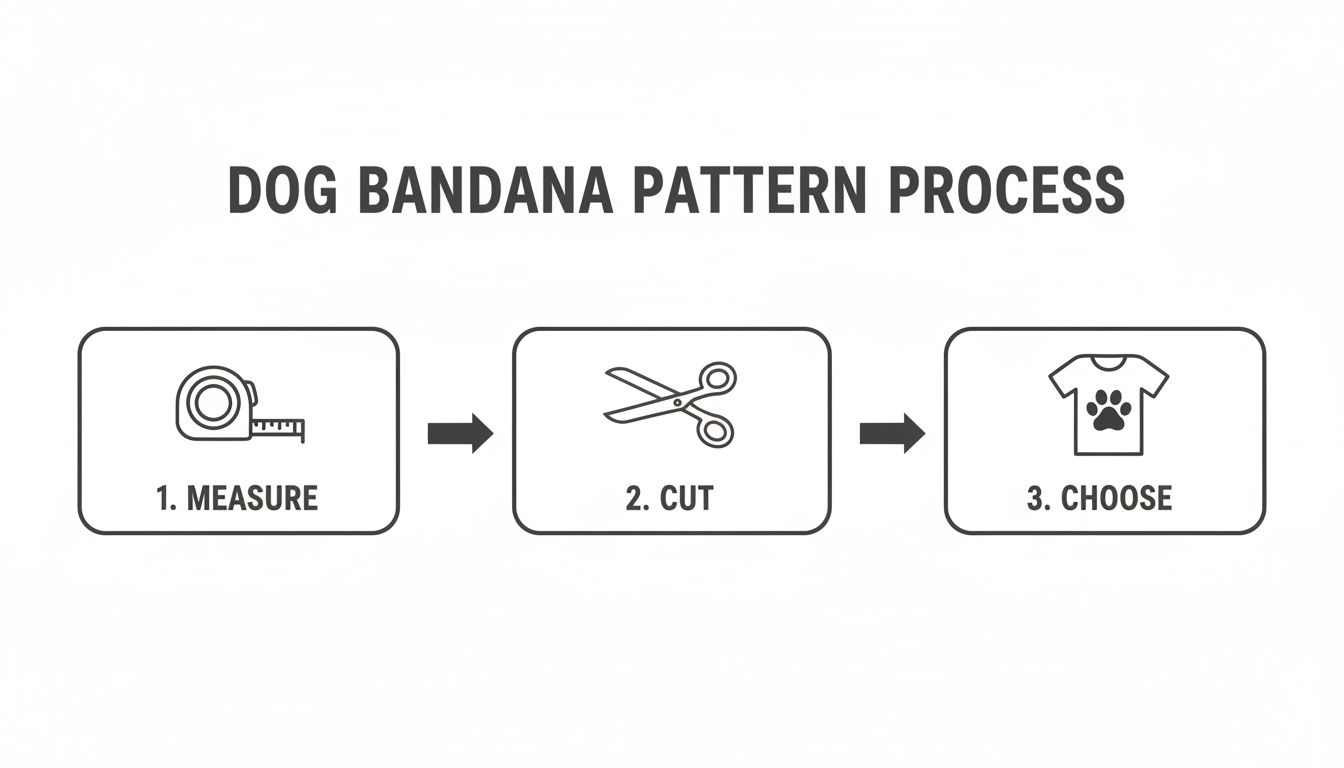 A three-step process for making a dog bandana, showing measure, cut, and choose icons.