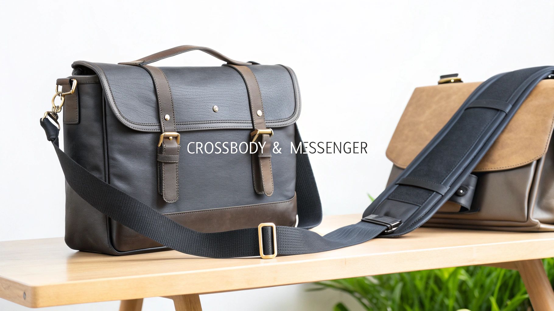 Two stylish crossbody and messenger bags, one dark grey, on a light wooden table.