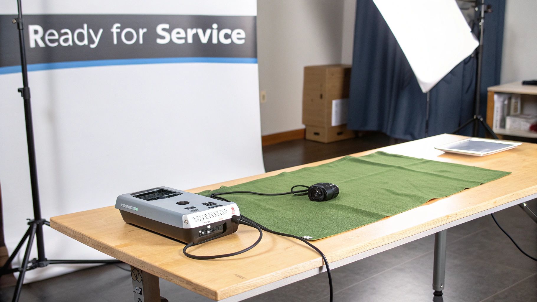 Diagnostic equipment setup on a table with a camera and green cloth, ready for service.