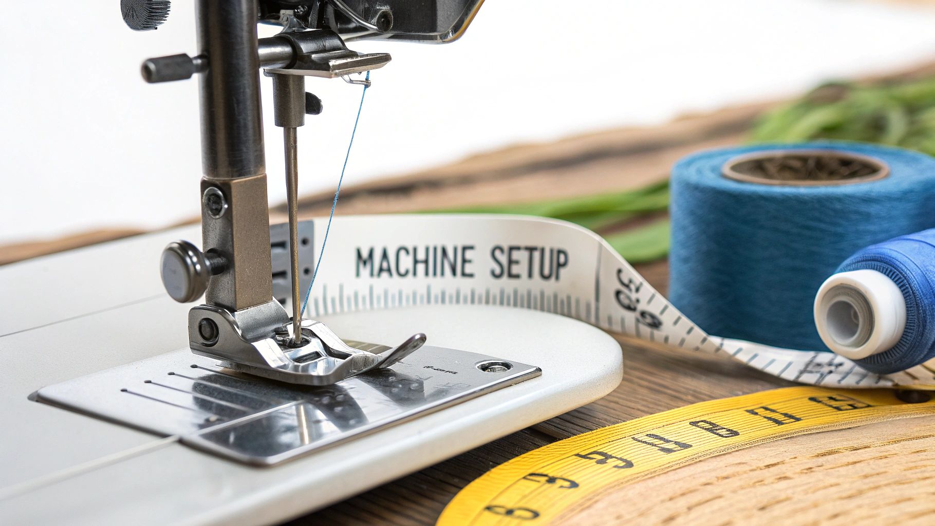 Close-up of a sewing machine needle with blue thread, measuring tapes, and thread spools.