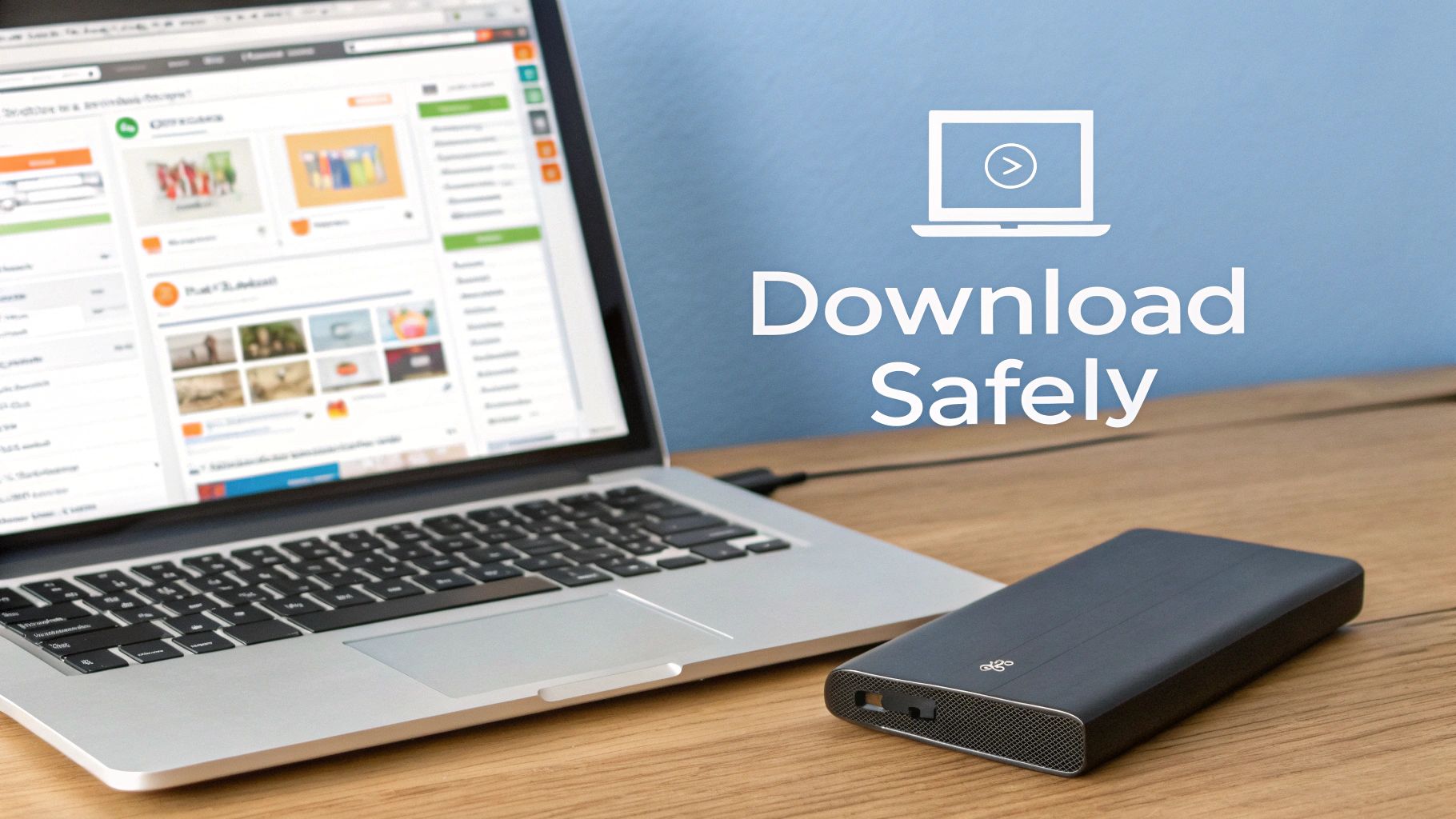 A laptop and an external hard drive on a wooden desk with 'Download Safely' text on a blue background.