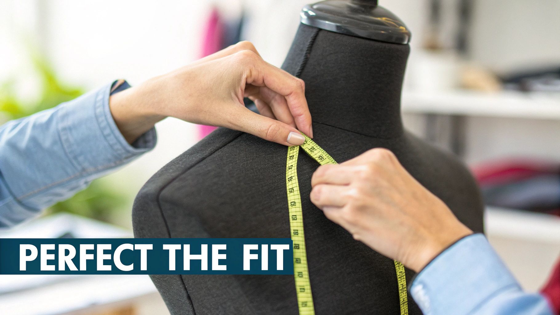 Hands measure a black dress form with a yellow tape, perfecting the fit in a bright workshop.