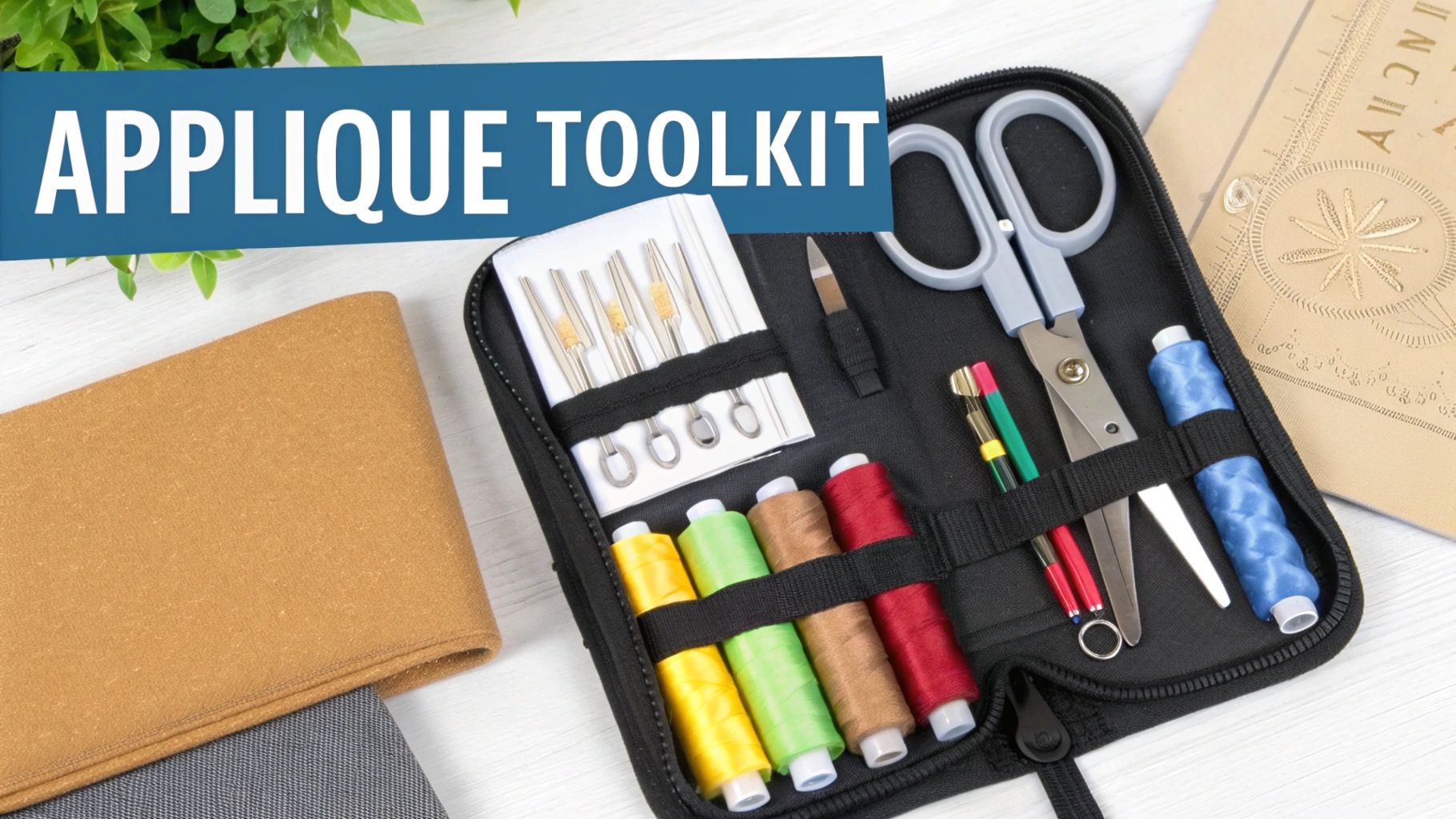 An open applique toolkit filled with colorful threads, scissors, and various tools, next to a fabric roll.