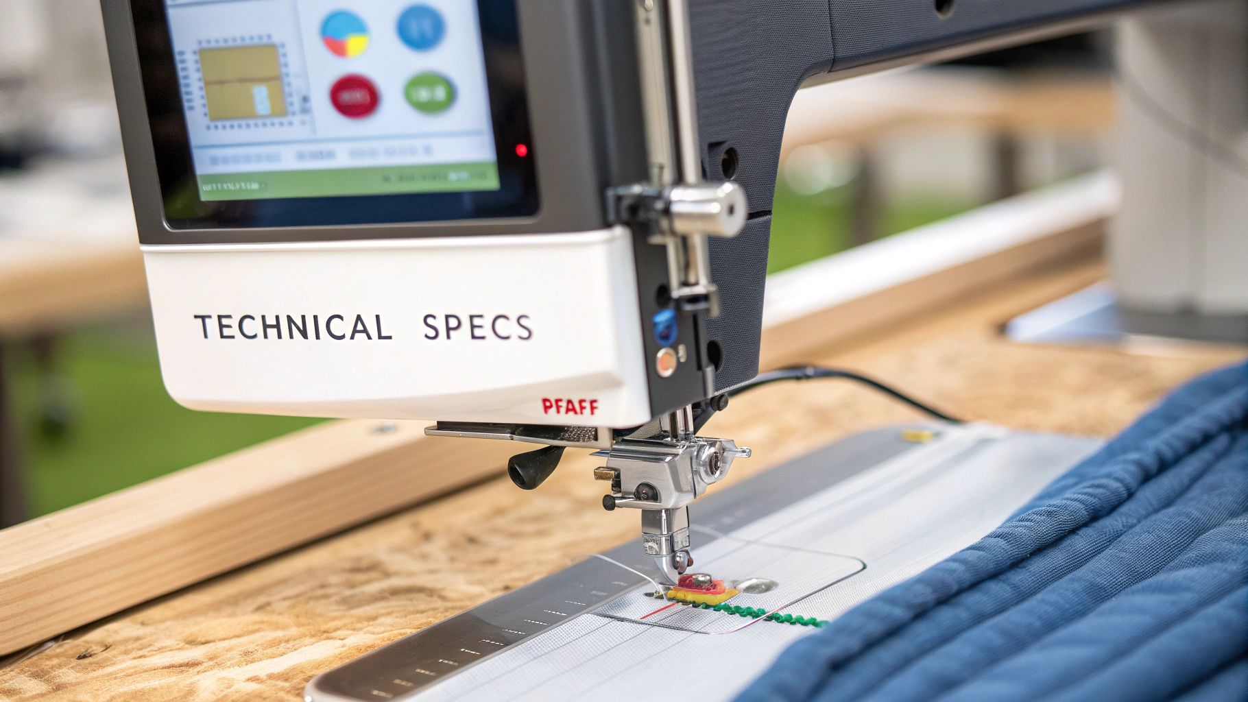 Close-up of Pfaff embroidery machine touchscreen showing a floral design